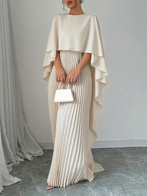 New Female Stylish High-Low Party Evening Maxi Dress Spring Autumn Cape Sleeves Solid Color Pleated Long Dress. S-2X