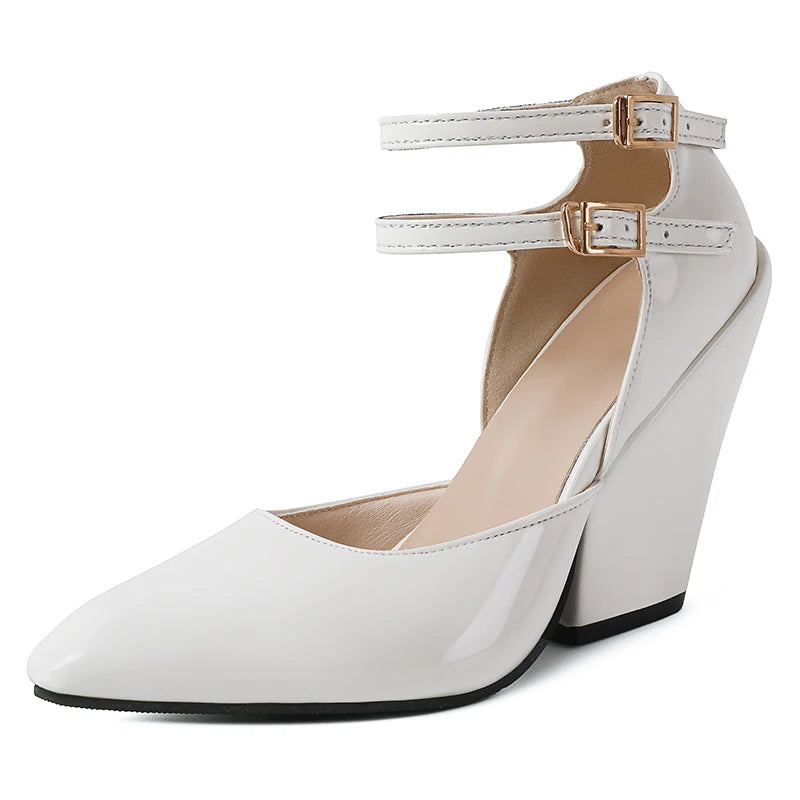Red Pointed Sandals With Wedge Heel Leather High Heeled Elegant Shoe.