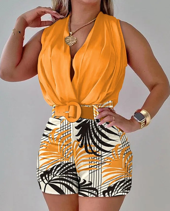 Summer Ladies Two Piece Fashion Sleeveless Halter And Printed Short Shorts. S-2x