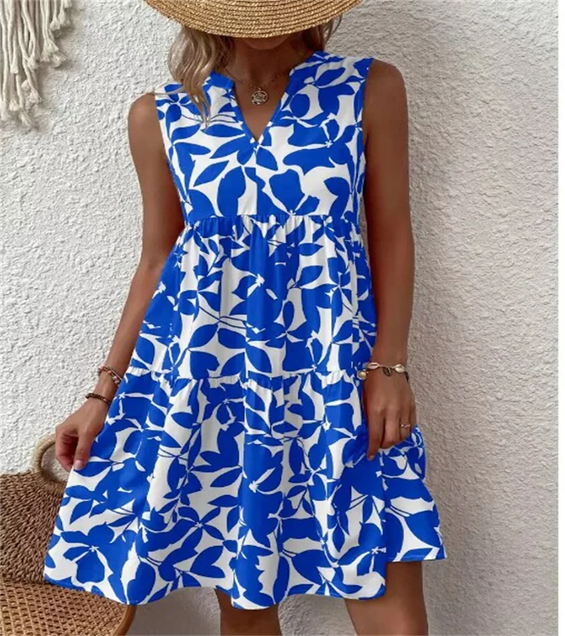 Spring and summer European Ladies Elegant Dress Bohemian fashion loose V-neck ruffle print dress. S-2X