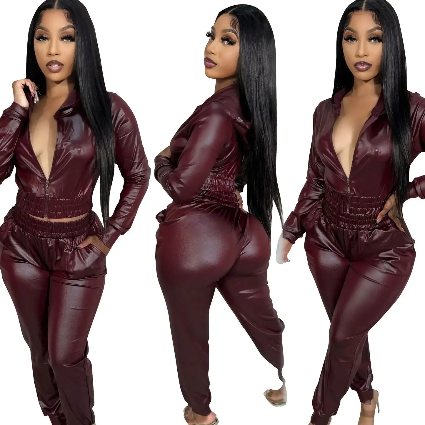 Women Hooded Pant Set Slim Fit Shirring PU Leather. S-2x