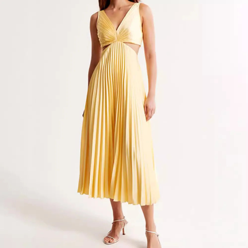 Elegant Long Summer V-neck Sleeveless Hollow Out Backless Sexy Dress . S-xxL