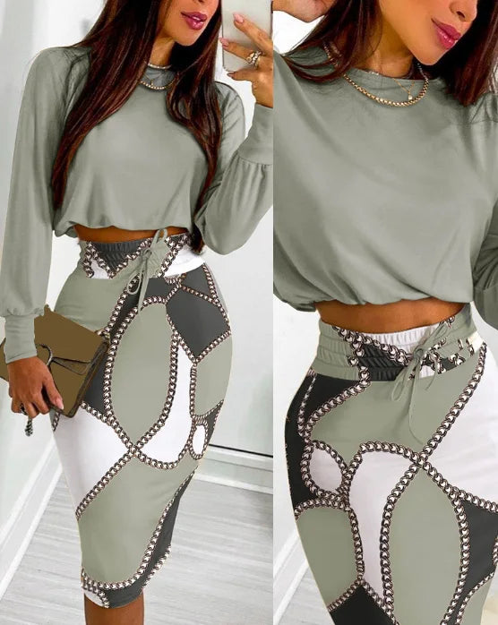 Women's Fashion Suits 2025 Spring Summer Latest Commuting Elegance Urban Style Print Contrast Long Sleeved Casual Skirt Set