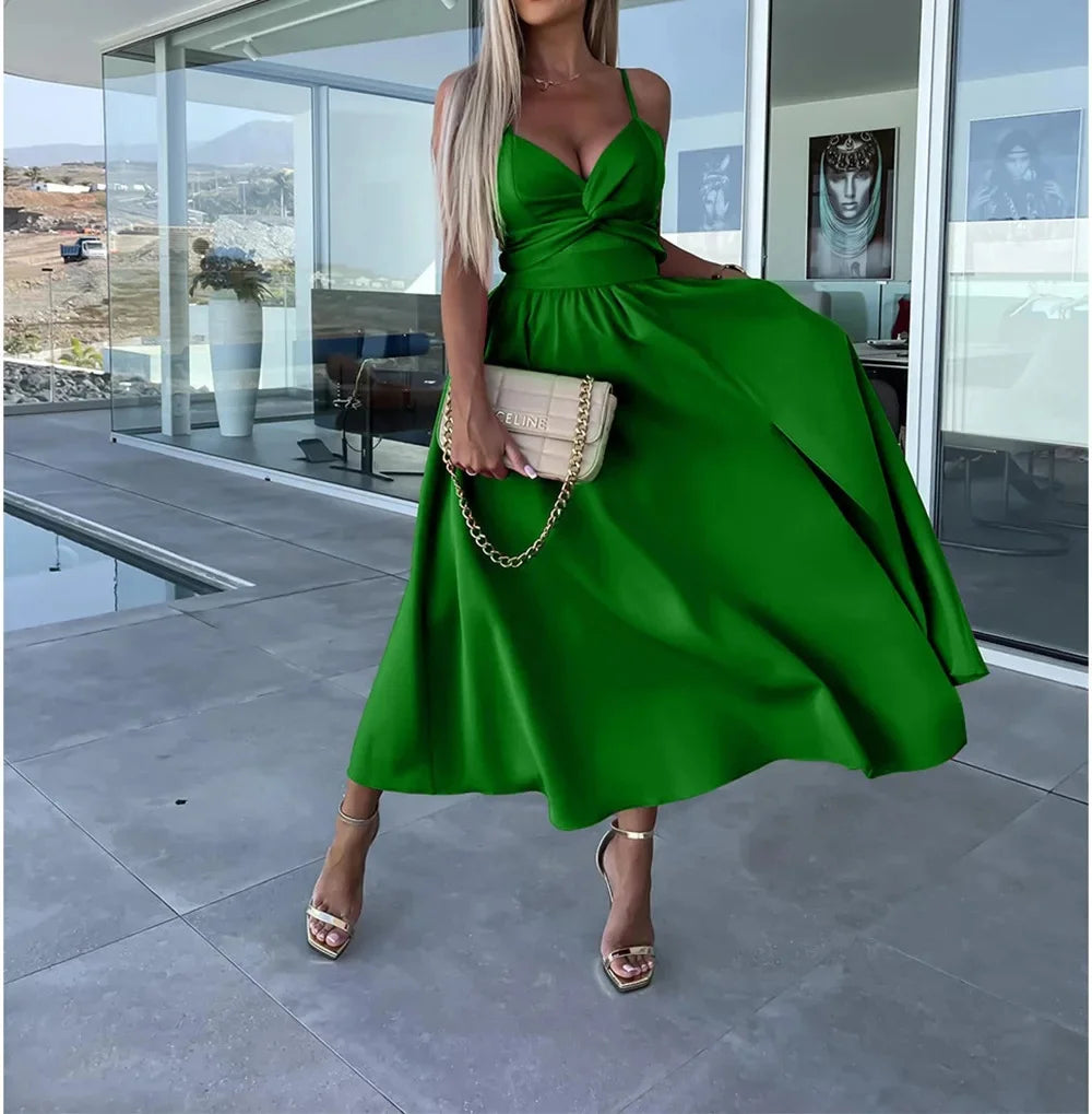 New Style Women's Sexy elegant V Neck Open-Back Medium Length Dress.