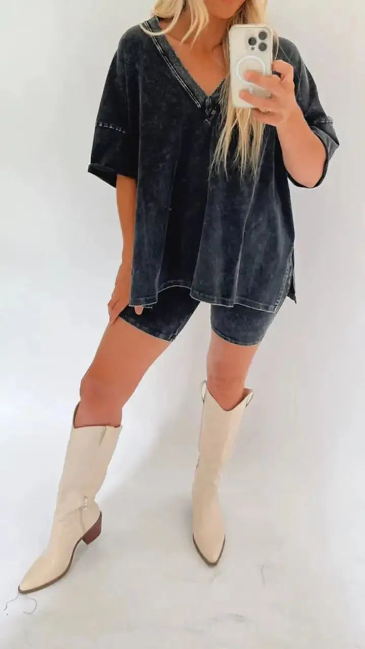 Women's Fashion Loose Solid Colour Casual V-neck Two piece Set. S-3X