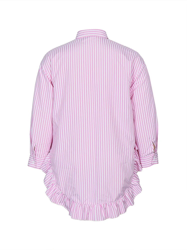 Plus Size New Women's High Collar Long Sleeve Pink White Striped Long Comfortable Casual Shirt