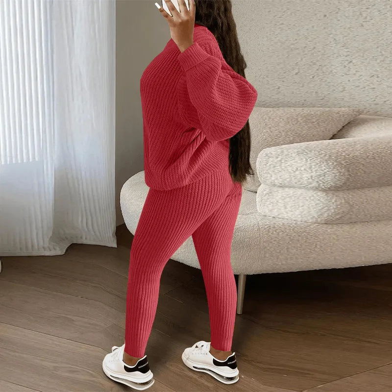 Two Piece Women Autumn Fashion Casual Solid Round Neck Pullover Loose Pit Knitted Sweater Pants Suit. S-3XL
