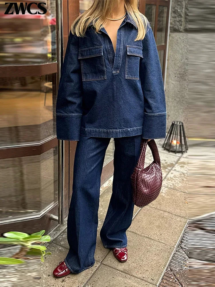 Fashion Denim Jacket Jeans Set Women Casual Lapel V-neck Full Sleeve Wide Leg Trousers 2025 New Ladies High Street Outfit