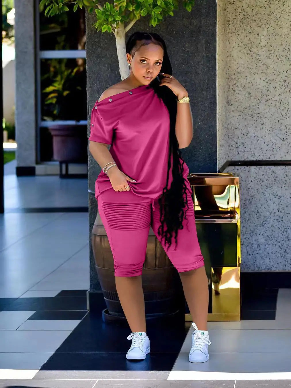 New Sporty Elegant Two 2 Piece Set for Women Button Neck Tee Top and Knee Length Pants Matching Set . S-2X