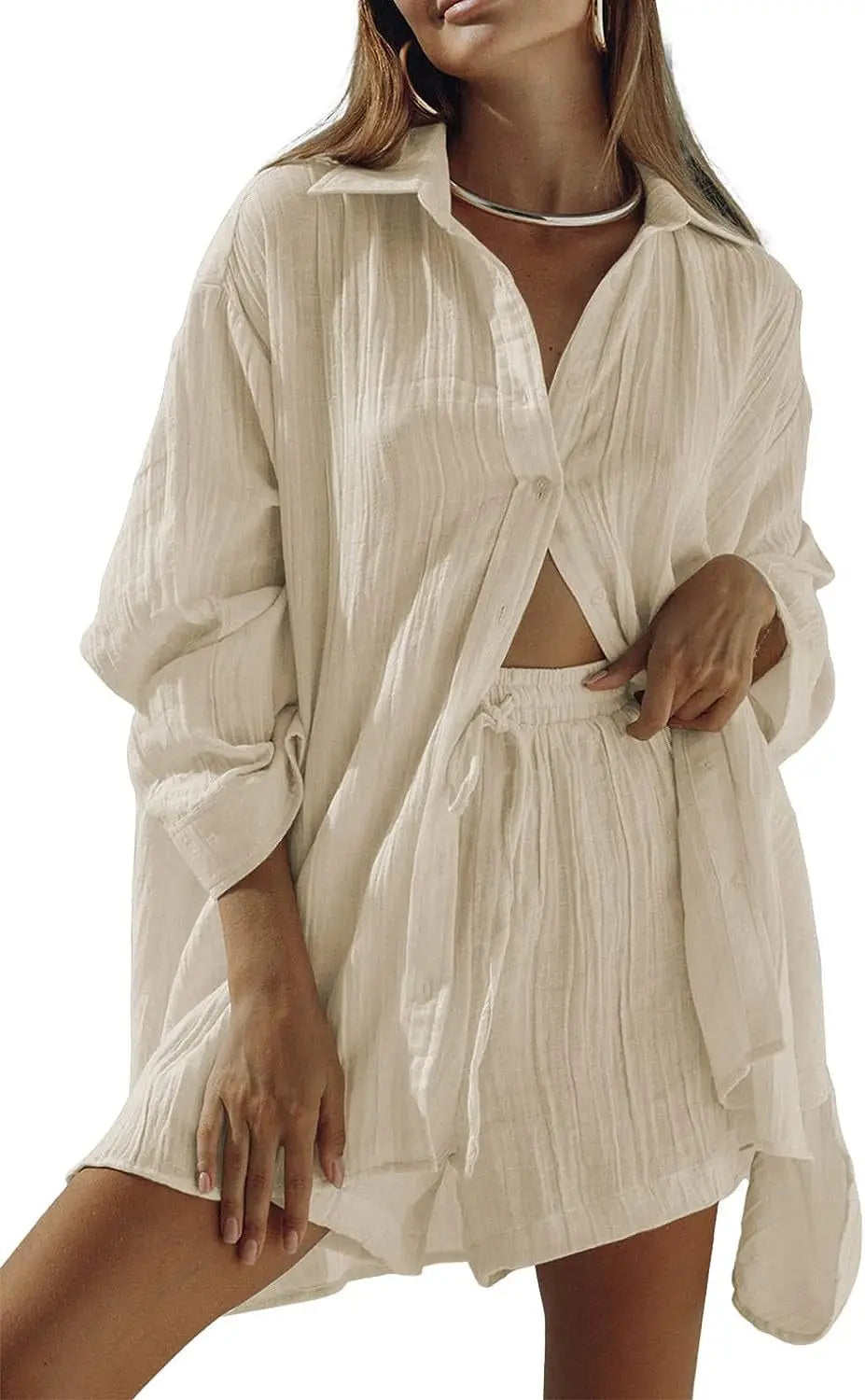 Ladies Shirt And Short Two Piece Set, Fashion Solid Long Sleeve Shirt Casual Loose Shorts. S-2x