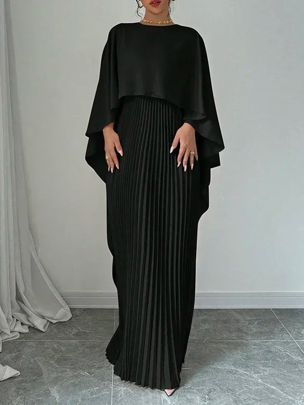 New Female Stylish High-Low Party Evening Maxi Dress Spring Autumn Cape Sleeves Solid Color Pleated Long Dress. S-2X