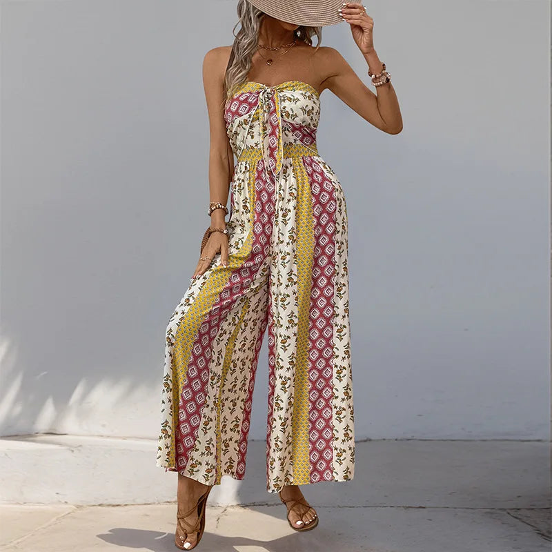 2025 New Summer Women's Jumpsuit Striped Flower Print Sleeveless Backless Elastic High Waist Loose Wide Leg Pants Jumpsuit