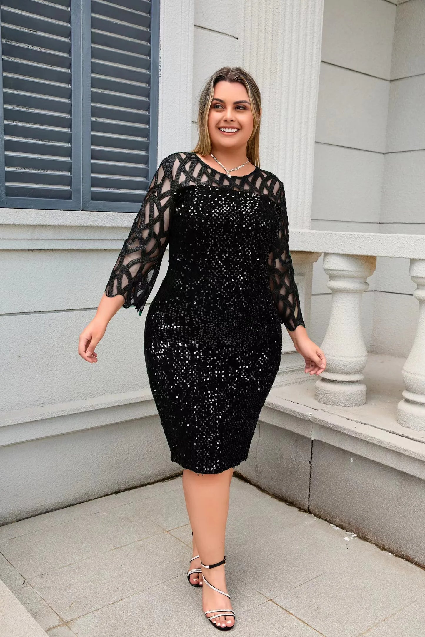 Party Dress Plus Size Ladies Midi Sequin Lace Elegant Bodycon Evening Dress