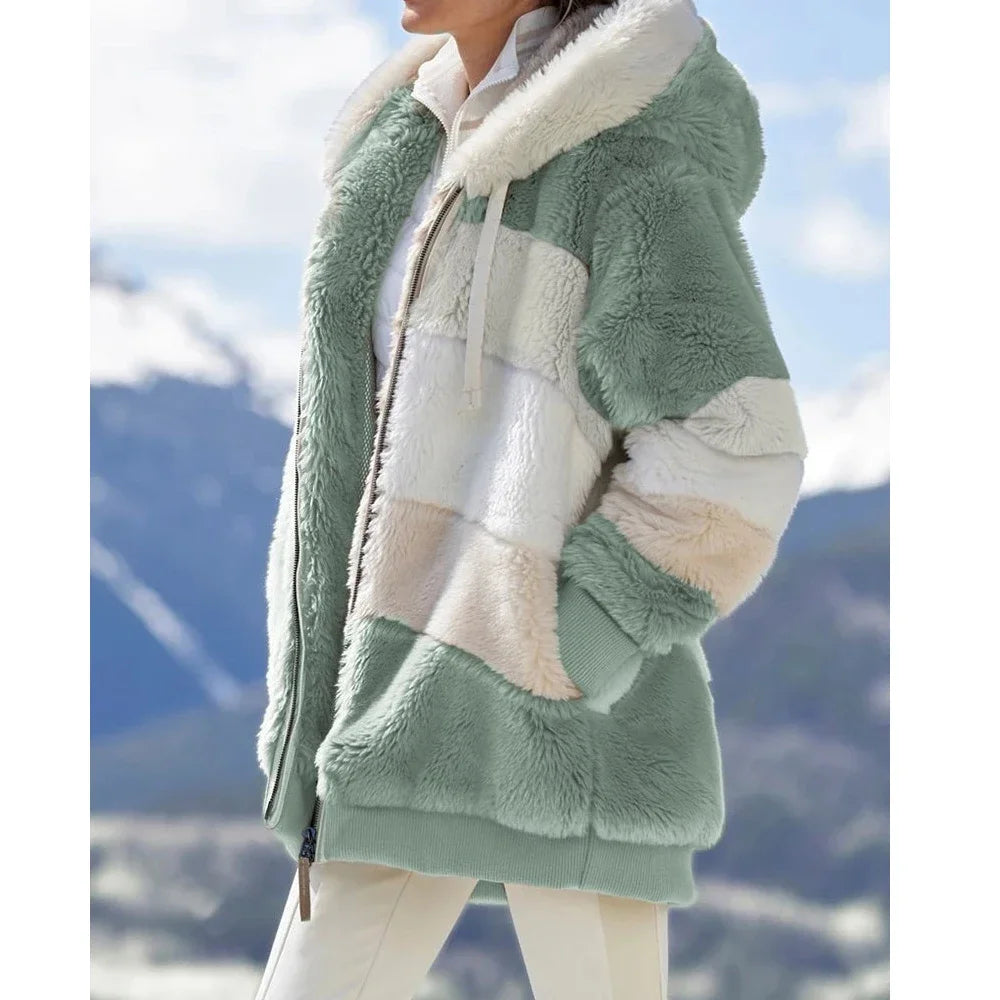 Fashionable Women's Hooded Zipper Spliced Thick Cashmere Plaid Jacket. Sz S-5XL