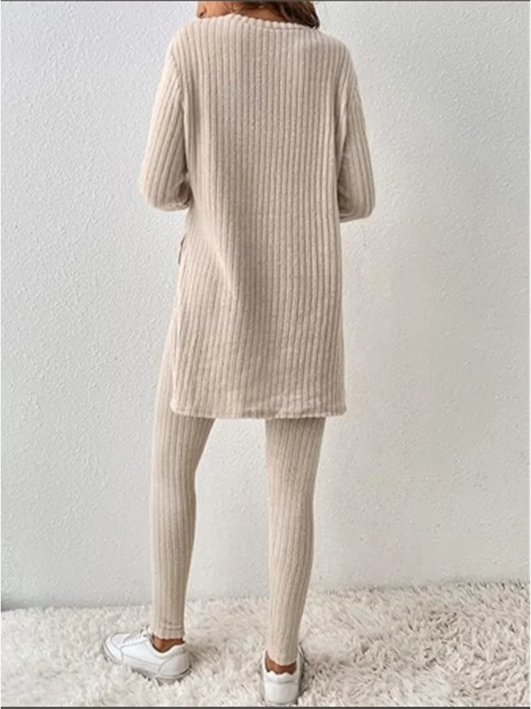 Casual Solid Colour Knitted Suit Women Two-Piece Long Sleeve Split Top Slim Fit Pants Autumn Fashion Set. S-2x