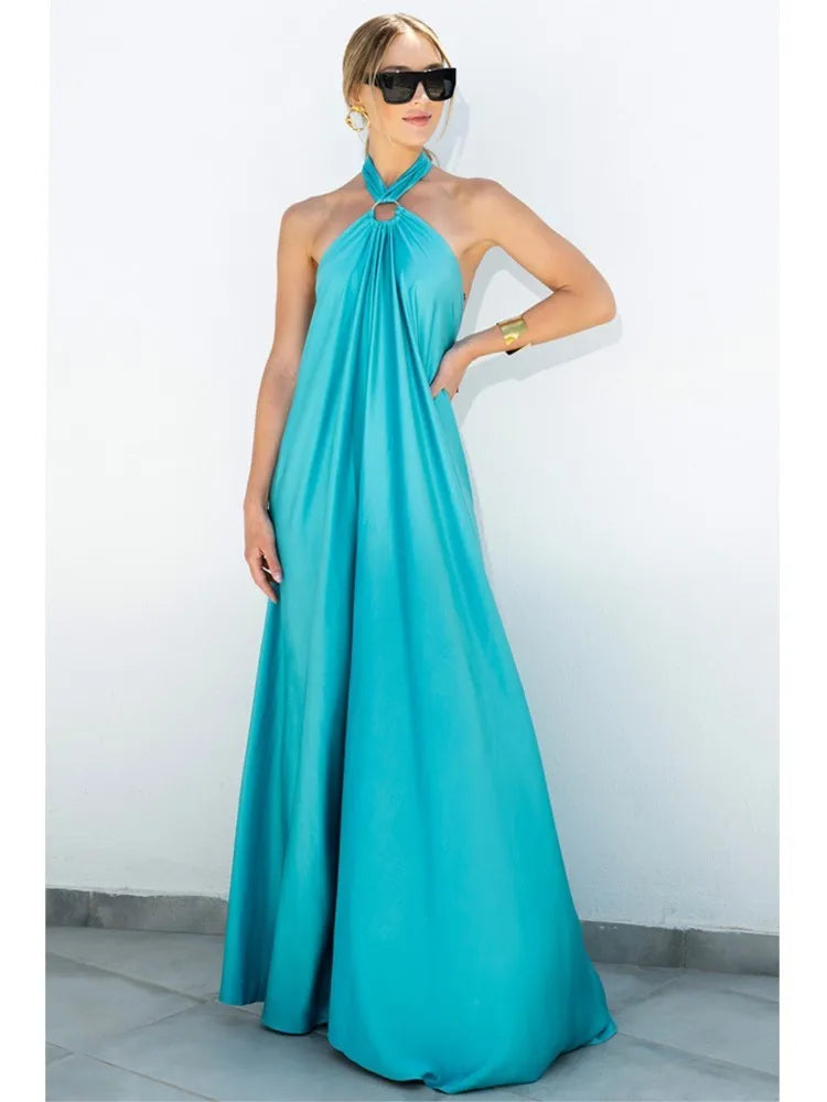 Loose Halter Neck Backless Sexy Satin Evening Dress New Fashion Elegant Dress. S-XL