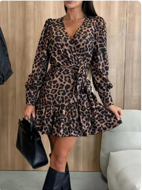 Women's Leopard Print V-Neck Long Sleeved Sexy Elegant Mini Dress. S-xxL