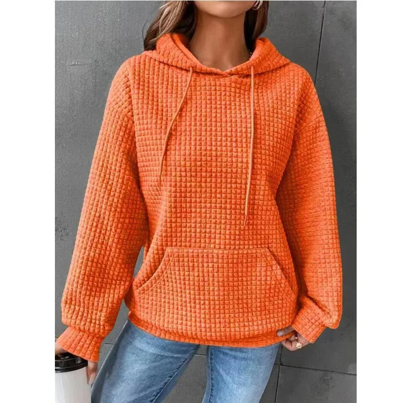 Women's hooded sweatshirt spring and autumn style waffle fashion beautiful solid color hooded drawstring loose sweatshirt. S-2XL