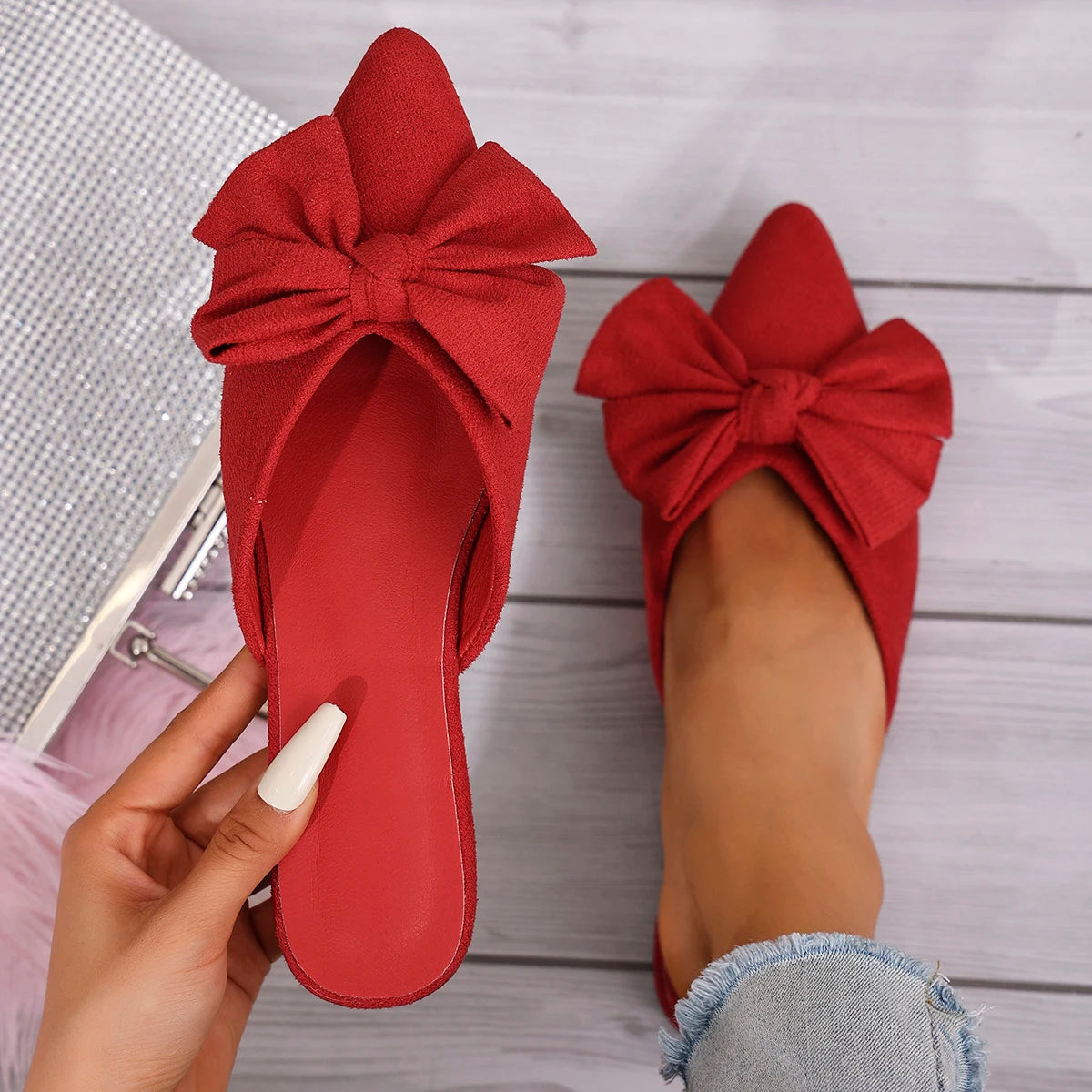 Women Bow Flat Summer Non Slip Slides.