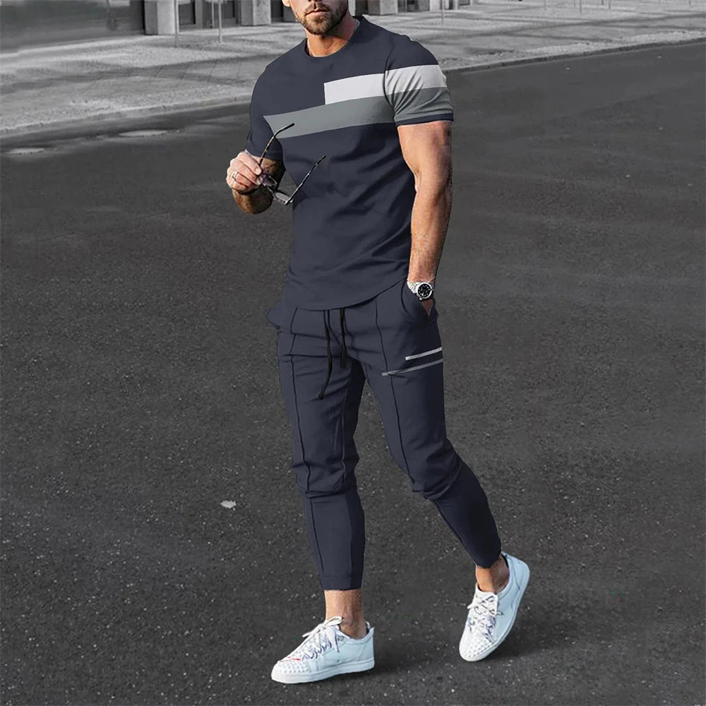 Men's 2 Piece Set Short Sleeve Sportswear Fashion Men's Clothing Trousers Casual O-Neck. M-5X Tops Pants Suit.