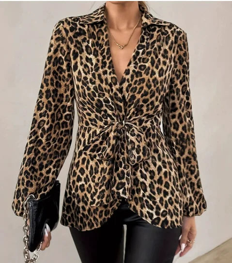 Fashion Women New Leopard Print V-neck Long Sleeved Blouse 2025. S-2X