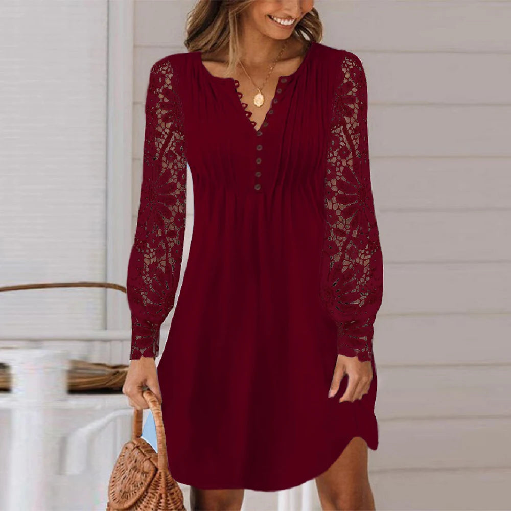 Women Lace Long Sleeved Dress Loose Elegant Spring Summer Fashion Lady Plus Size Dress.