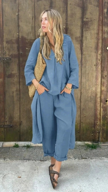 New Women's Pocket V-neck 2-piece Set Solid Loose Casual Women's Clothing Fashion Elegant Two Piece Outfits Woman. S-3X