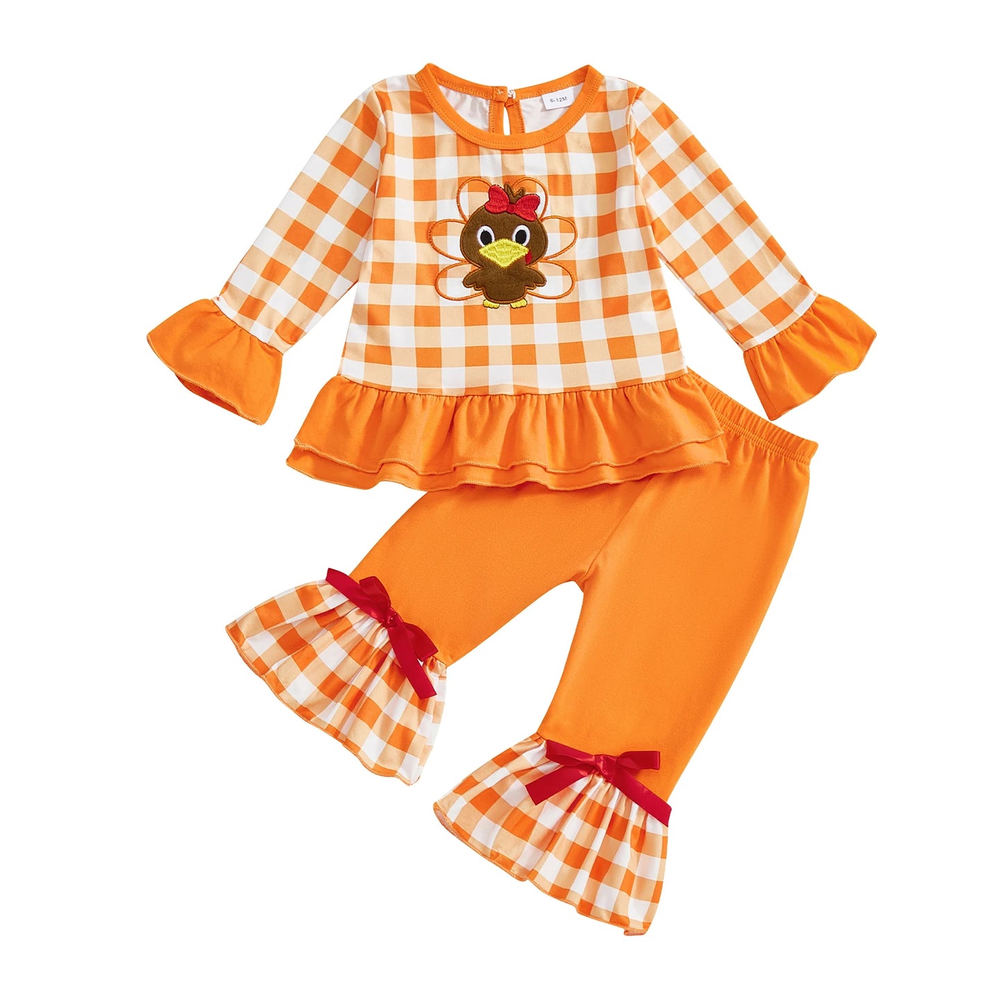 Toddler Girls Thanksgiving Clothes Sets Long Sleeve O Neck Turkey Embroidery Tops Flared Pants Sets Children Clothing