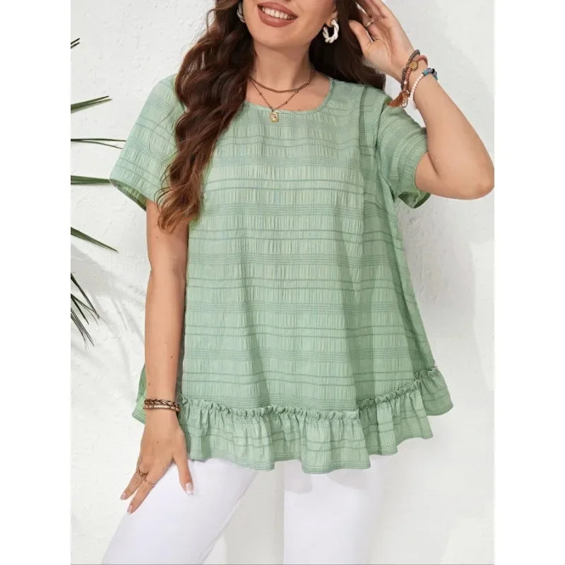 Plus Size 1XL-5XL Women's Casual and Fashionable Ruffled Round Neck Short Sleeved Shirt.