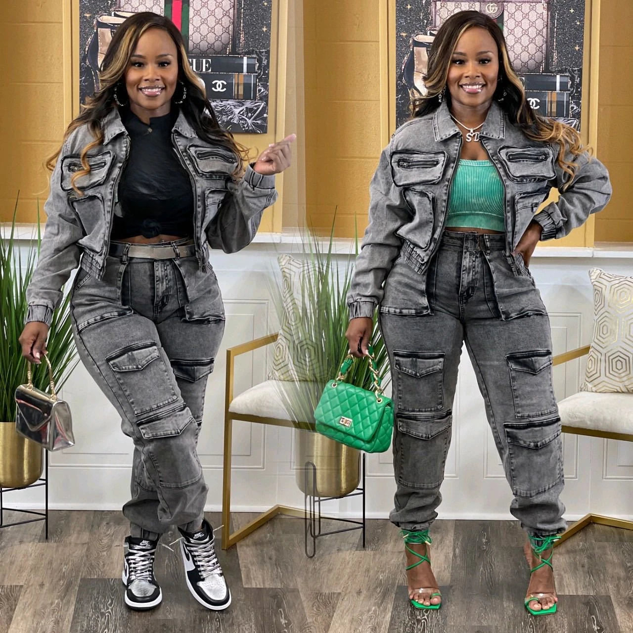 Ladies Long Sleeve Zipper Denim Cargo Ankle Length Pocket Pant Set. S-2x