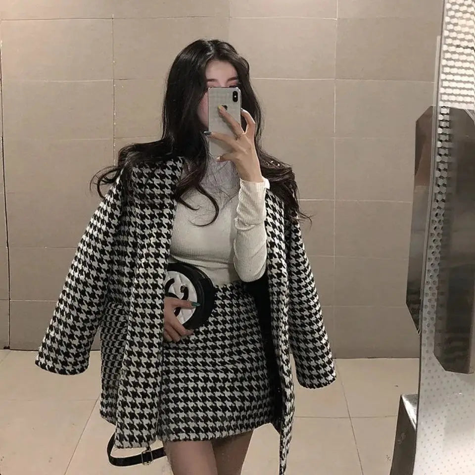 Autumn Winter Plaid Woolen Ladies 2 Piece Set Long Sleeve Suit Coat And High Waist A-line Mini Skirt Outfit