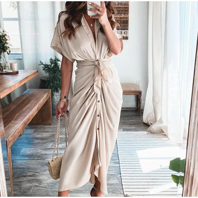 Summer Fashion Printed Short Sleeve Dress Vintage Waist Tie-up Button Bandage Long Dress. S-3x