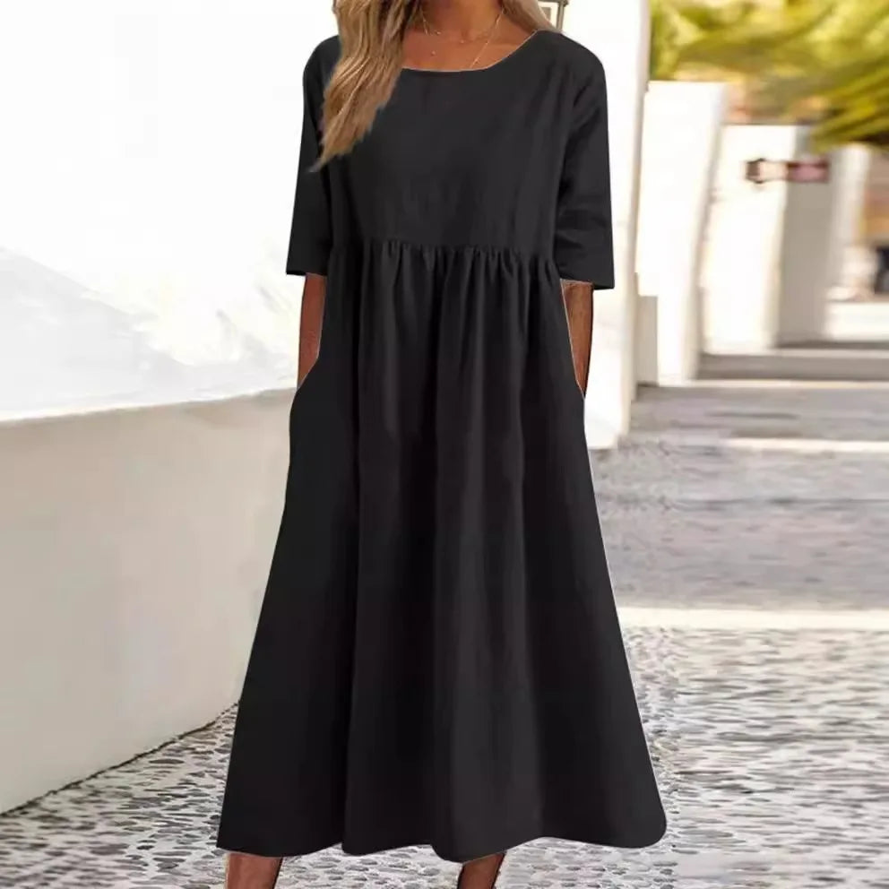 Casual Loose Long Plus Size High Waist Cotton Linen Dress. S-5X