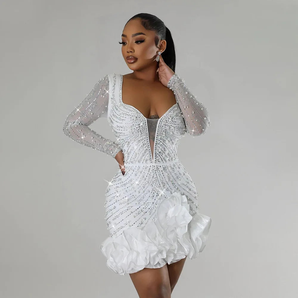 Long Sleeve V Neck Sexy Glittering Diamond Bodycon Mini Dress. S-2xL