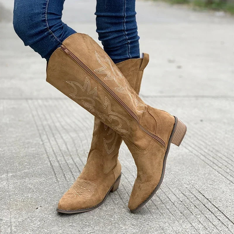 Women's Fashion Chunky Heeled Cowboy Boots Zipper Style Pointed Toe