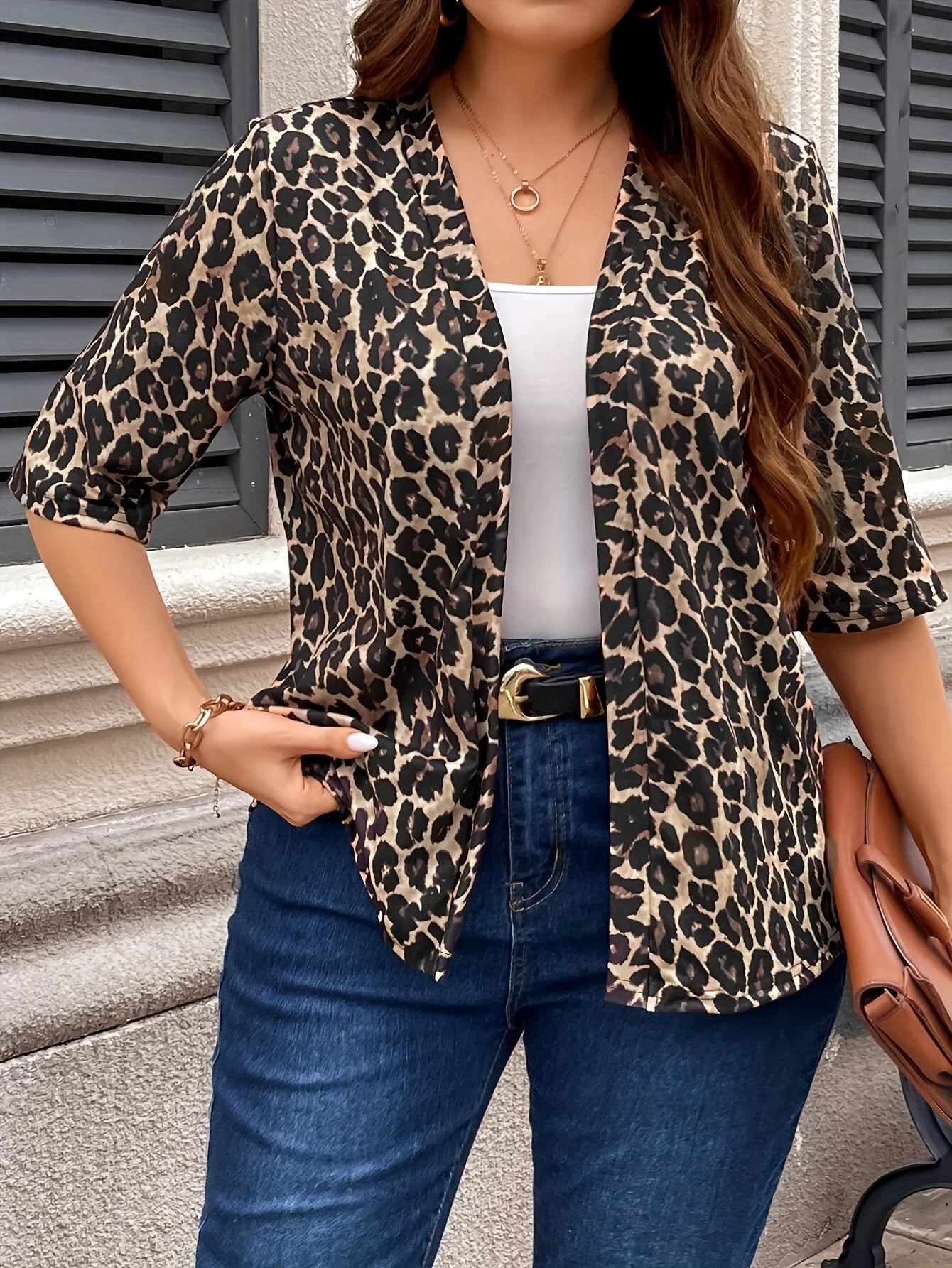 Plus Size Leopard Print Open Front 3/4 Sleeve Elegant Top All Season Wear