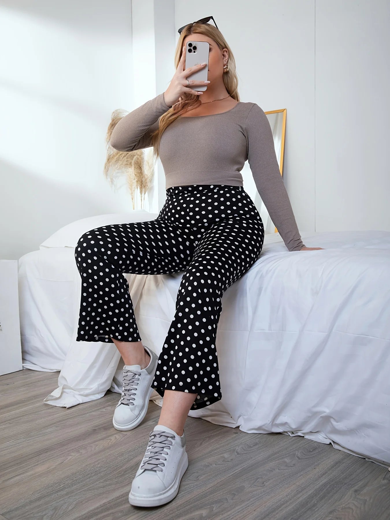 Women plus-size polka dot trousers wide leg pants
