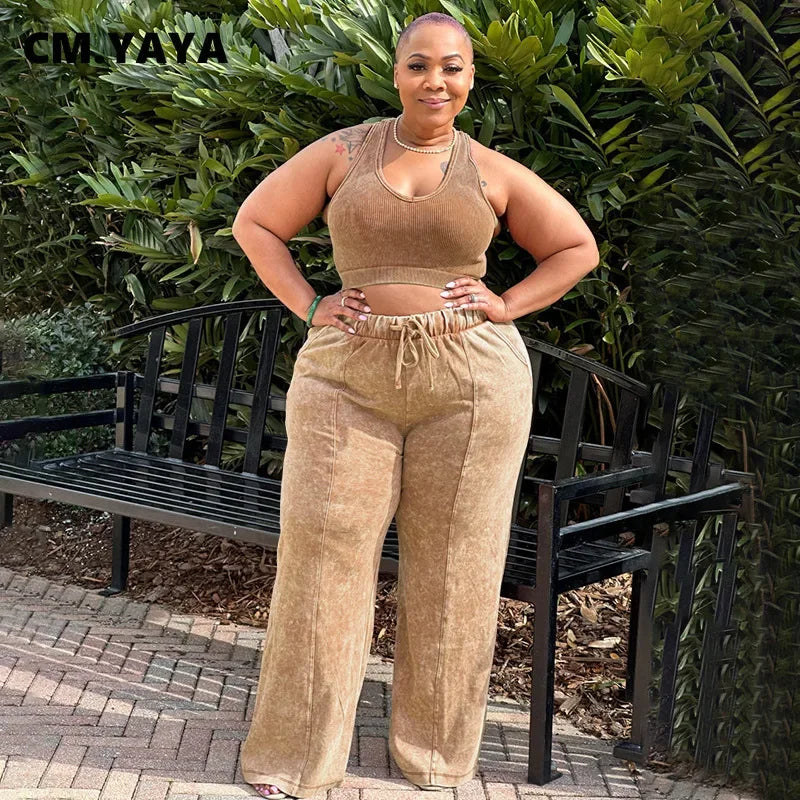 Plus Size Women's Sleeveless Top +Wide Leg Straight Pants Washed Two 2 Piece Set Outfit .