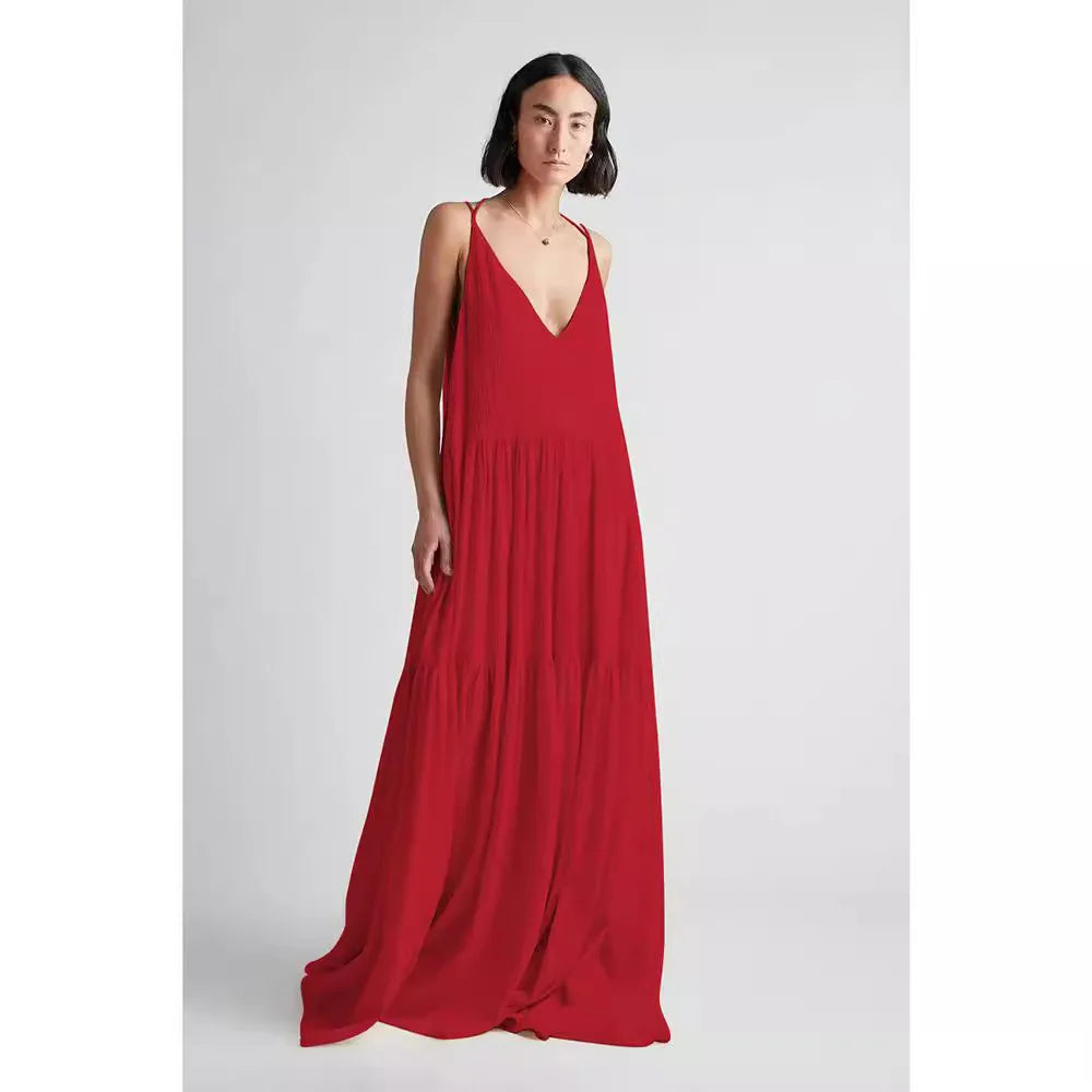 Summer Loose Dresses Casual Solid Pleat Irregular Long Spring Sexy Double V Neck Backless Hollow Dress. S-3X