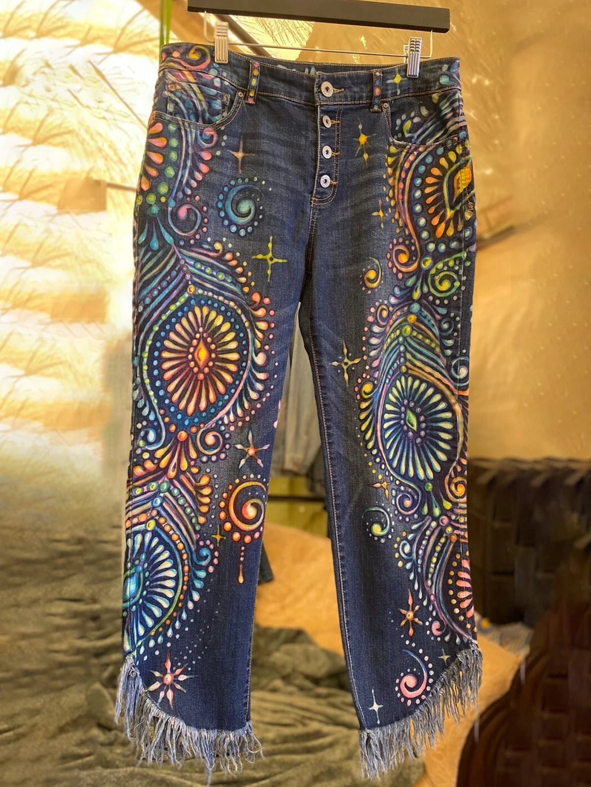 Ladies Cropped Jeans, Skinny High Waist Boho Peacock Feather Pattern Denim Fringed . Sz S-3xl