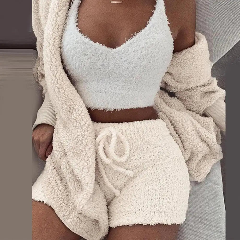 3 Piece Fluffy Outfit Plush Sexy Backless Fleece Pyjamas/Lounge wear Set