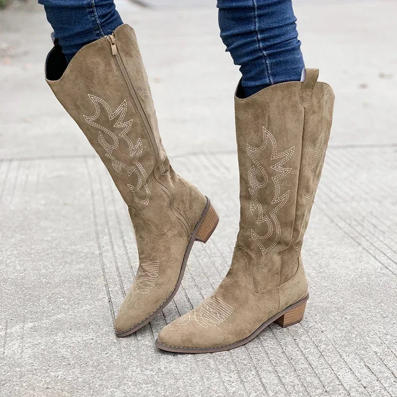 Women's Fashion Chunky Heeled Cowboy Boots Zipper Style Pointed Toe