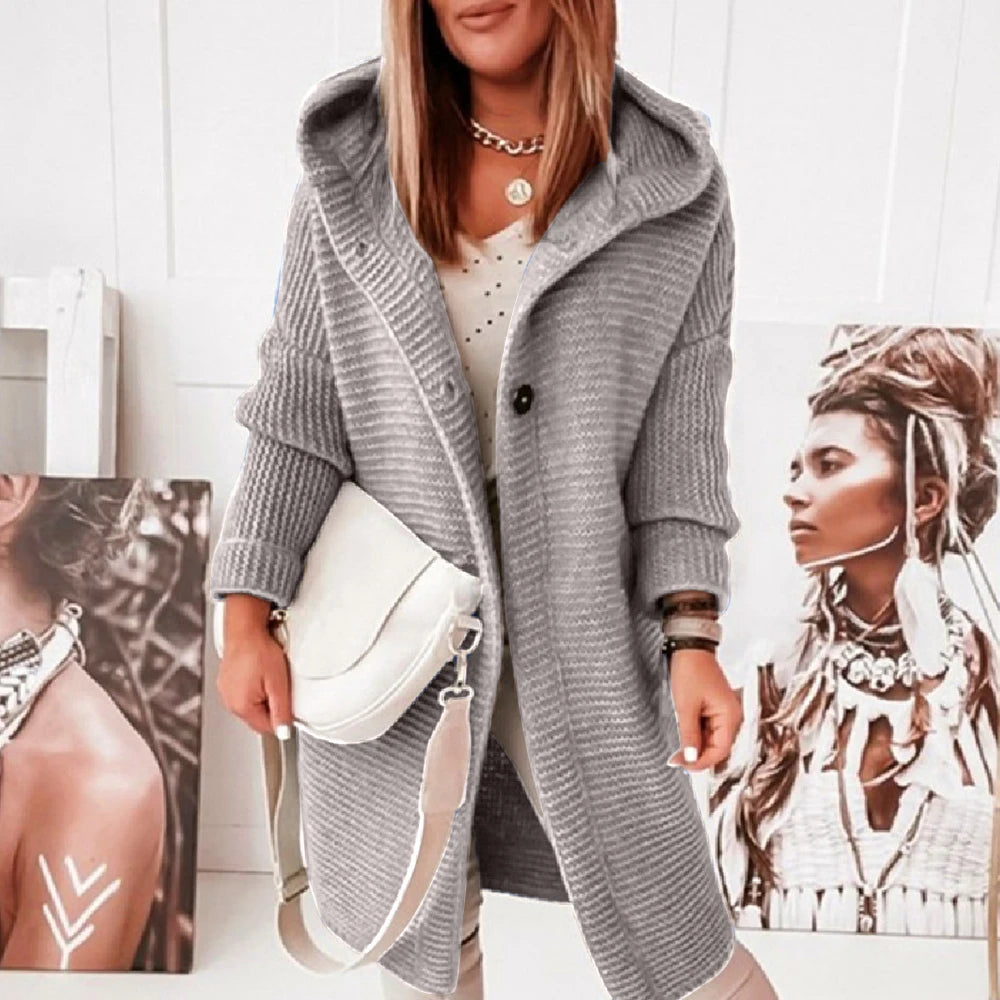 Women Solid Hooded Button Long Sleeve Cardigan Sweater Casual Loose Outwear. S-XL