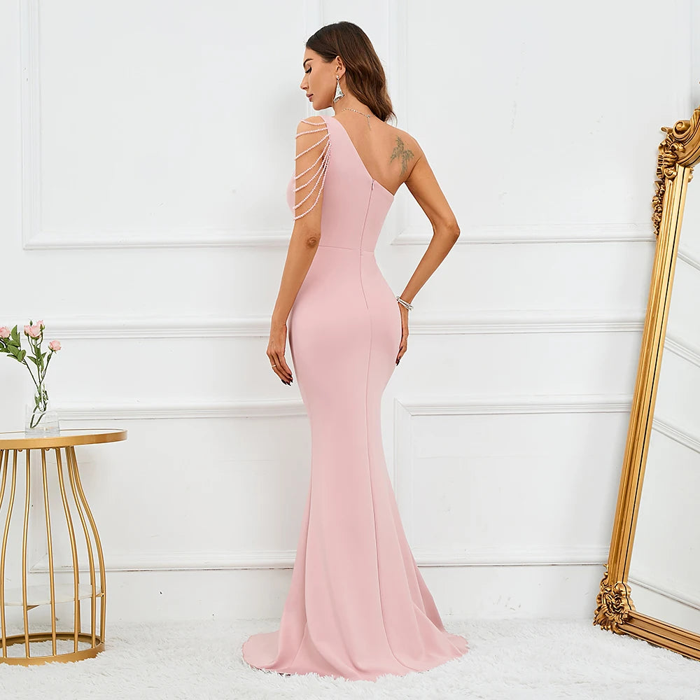 Sexy Slit Dress One Shoulder Soft Satin Pleated Beading Long Evening Party Maxi Dress