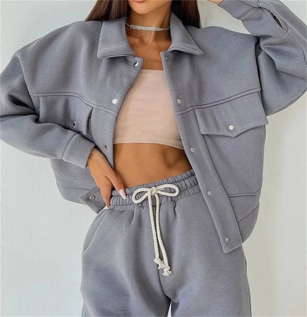 Ladies Casual Track Suit Matching Set Button Jacket Pocket Pants With Drawstring.