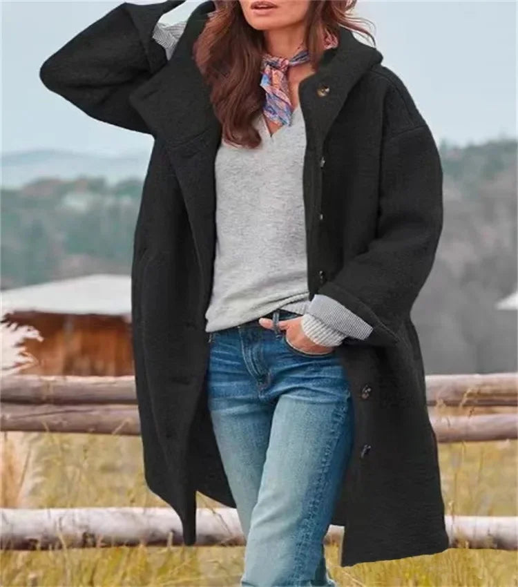 Ladies Retro Style Woolen Coat New Autumn Winter Fashion Outerwear Polyester Fiber Hooded Loose Fit Coat. S-3X