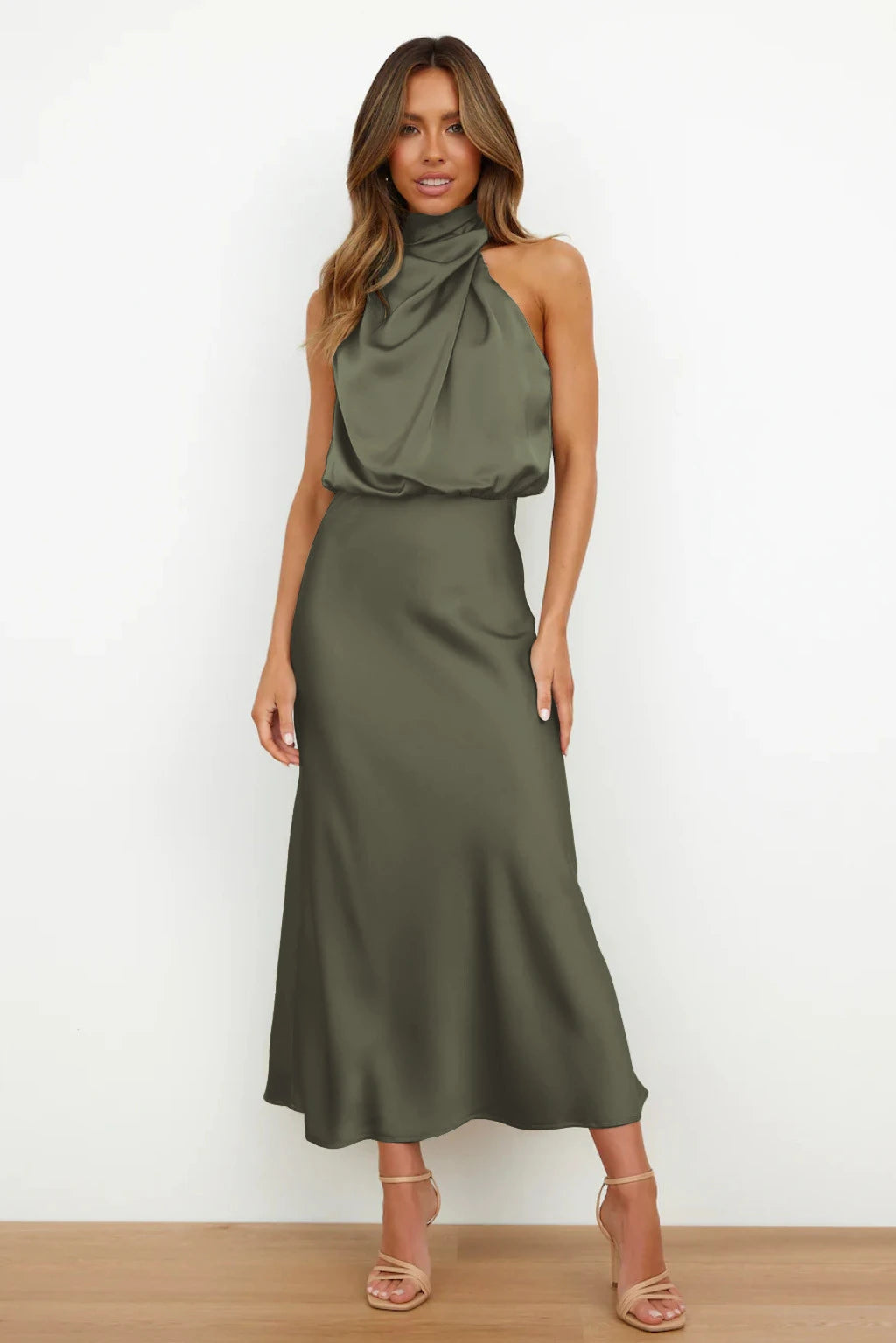 2025 Spring/Summer Long Dress for Women High Waist Halter Satin Sleeveless Elegant Solid Evening Party Dress. S-XL