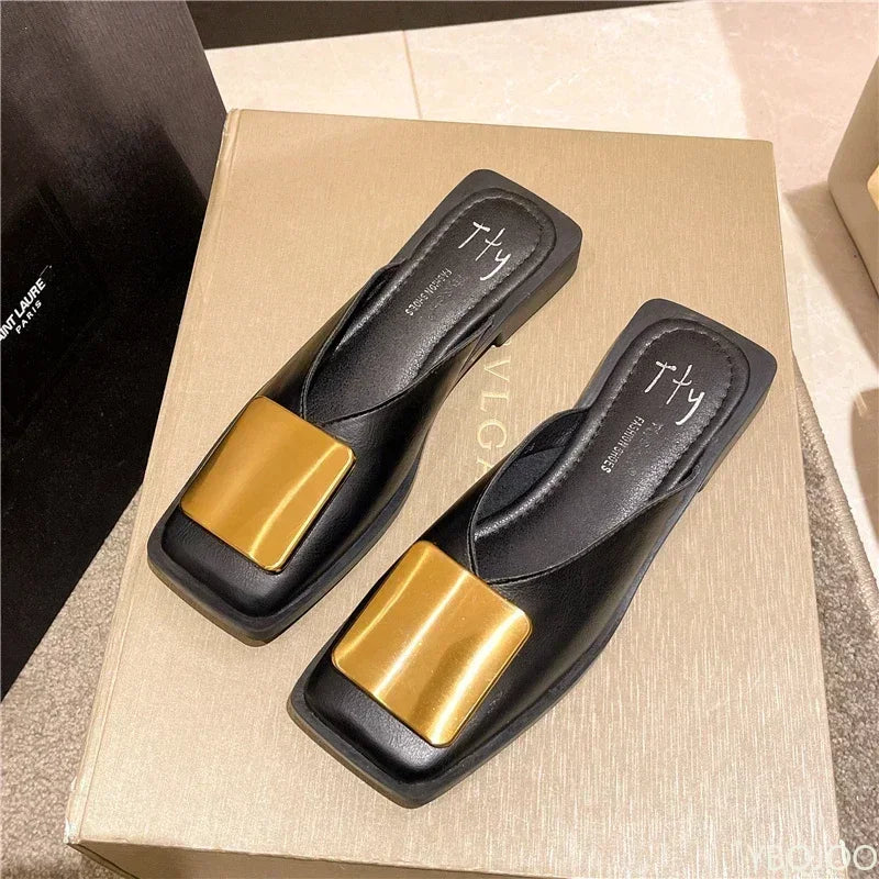 Women Fashion Metal Buckle Mules Flat Heels Square Toe Shallow Slides.