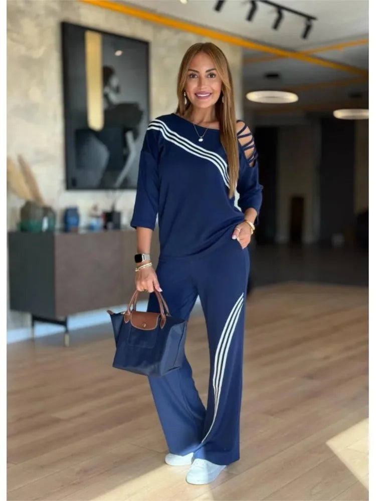 Fashion Striped Cutout Shirt 2piece Set Autumn Casual Loose Sporty Pant Set. S-3X