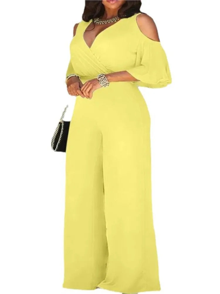 Spring Summer Solid Color Women Sexy Deep V Neck Short Sleeve Rompers Fashion Slim Fit Lace Up Elegant Female Wide Leg Jumpsuit. S-2X